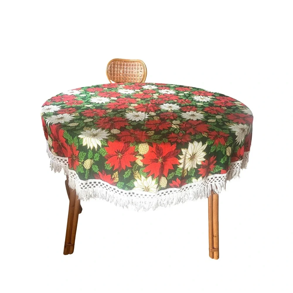 Vtg‎ Poinsettia Print Mid Century Christmas Tablecloth Fringe 60s red Green